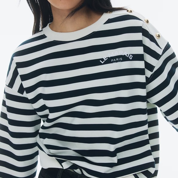 H&M Navy and White Striped Text Motif Sweatshirt size Medium BNWOT - Picture 2 of 8